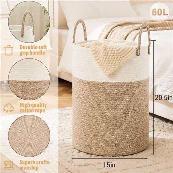 Laundry Basket,Woven Cotton Rope Laundry Hamper,60L for Decor Storage of Dirty - Picture 2 of 16